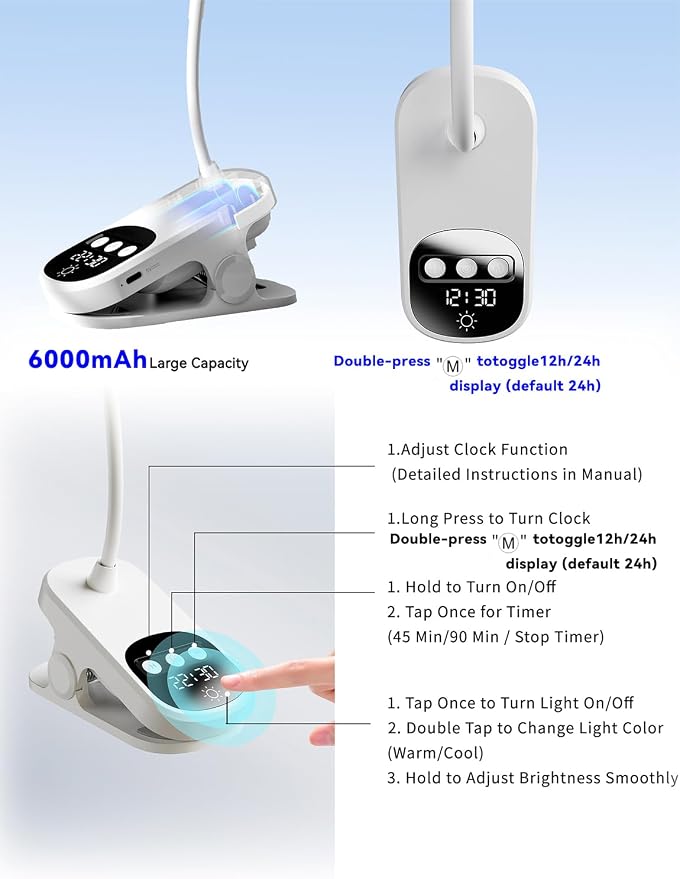 Clip On LED Desk Lamp Wireless, 6000mAh Rechargeable Eye-Caring Bedside Reading Light with Clock & Timer, 3 Color Temperatures 360° Rotatable for Dorm Room, Bed Headboard, Home, Office, Camping