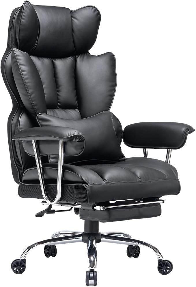 Efomao Big and Tall Office Chair with Foot Rest 400LBS, PU Leather Computer Chair, Heavy Duty Executive Office Chair with Lumbar Support, Black Home Office Chairs | 400lbs support, 135° recline, dual-layer foam cushion, 23.5" seat & footrest. BIFMA