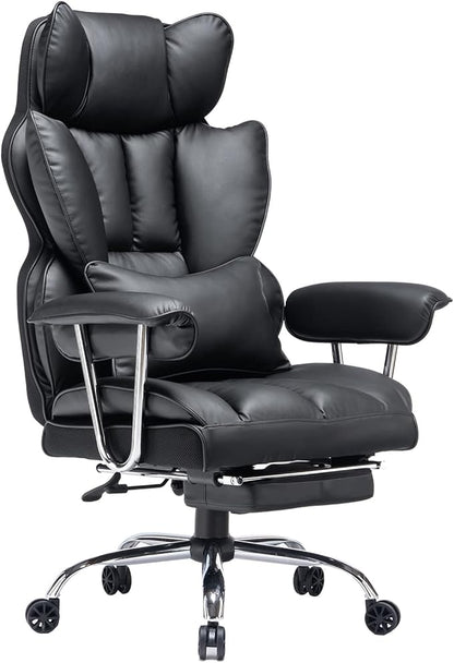 Efomao Big and Tall Office Chair with Foot Rest 400LBS, PU Leather Computer Chair, Heavy Duty Executive Office Chair with Lumbar Support, Black Home Office Chairs | 400lbs support, 135° recline, dual-layer foam cushion, 23.5" seat & footrest. BIFMA