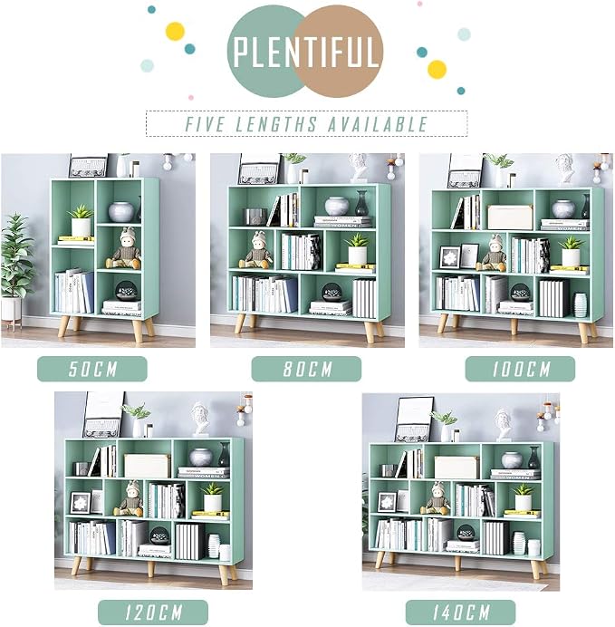 IOTXY Wooden Open Shelf Bookcase - 3-Tier Floor Standing Display Cabinet Rack with Legs, 7 Cubes Bookshelf, Tiffany-Green