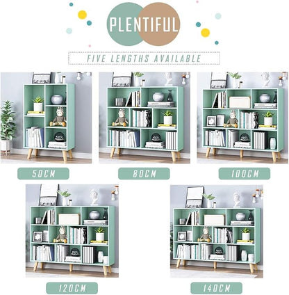 IOTXY Wooden Open Shelf Bookcase - 3-Tier Floor Standing Display Cabinet Rack with Legs, 7 Cubes Bookshelf, Tiffany-Green