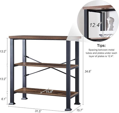 HOMBAZAAR 3 Tier Bookshelf,Rustic Brown Industrial Book Shelf,Engineered Wood and Metal Small Bookcases,Low Shelf Bookcase for Living Room,Office,Bedroom and Kitchen