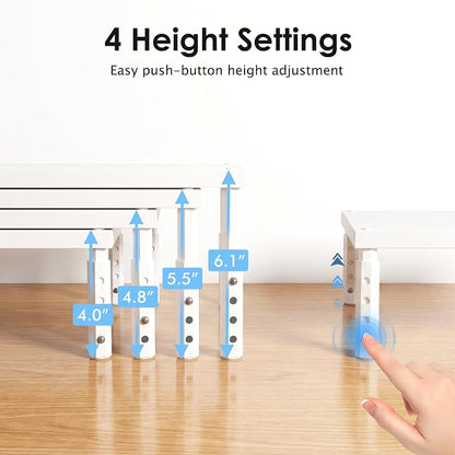 ECOLOVI Wood Computer Monitor Stand Riser for Desk, 4-Height Adjustable Desktop PC Printer Laptop Stand Shelf, Desk Organizer Workspace Accessories for Home Office Supplies, White