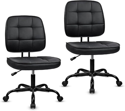 CLATINA Home Office Chair No Arms with Wheels, Armless Small Leather Ergonomic Low Back Desk Chairs Adjustable Height 360° Swivel Rolling Computer Task Chair for Work Conference Room, Black, 2 Pack