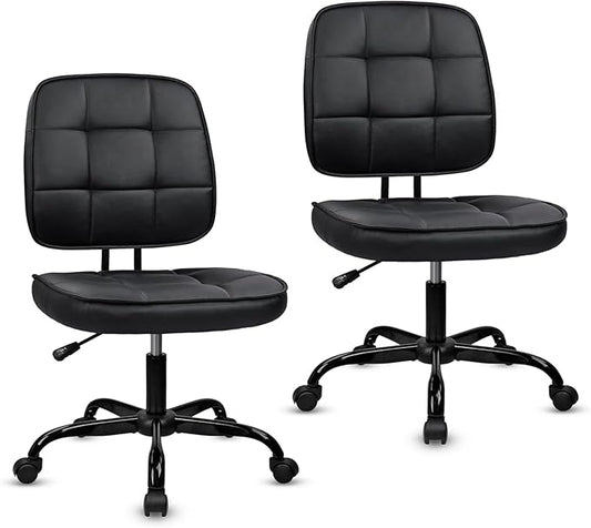 CLATINA Home Office Chair No Arms with Wheels, Armless Small Leather Ergonomic Low Back Desk Chairs Adjustable Height 360° Swivel Rolling Computer Task Chair for Work Conference Room, Black, 2 Pack