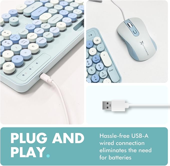 X9 Wired Keyboard and Mouse Combo with Backlight - Retro Typewriter Round Keycaps, Phone/Tablet Dock, 109 Fullsize Keys, Cute Colorful Blue Keyboard, Pastel Keyboard for Laptop, PC and Chromebook