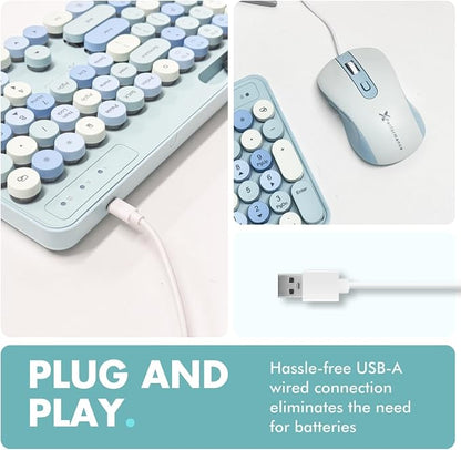 X9 Wired Keyboard and Mouse Combo with Backlight - Retro Typewriter Round Keycaps, Phone/Tablet Dock, 109 Fullsize Keys, Cute Colorful Blue Keyboard, Pastel Keyboard for Laptop, PC and Chromebook