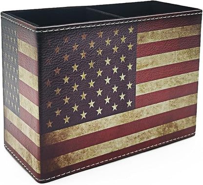 Pen Holder, Rectangle Vintage Pencil Holder with 2 Compartments, PU Leather Art Remote Control Holder Organizer Storage for Desk Accessory (American Flag)
