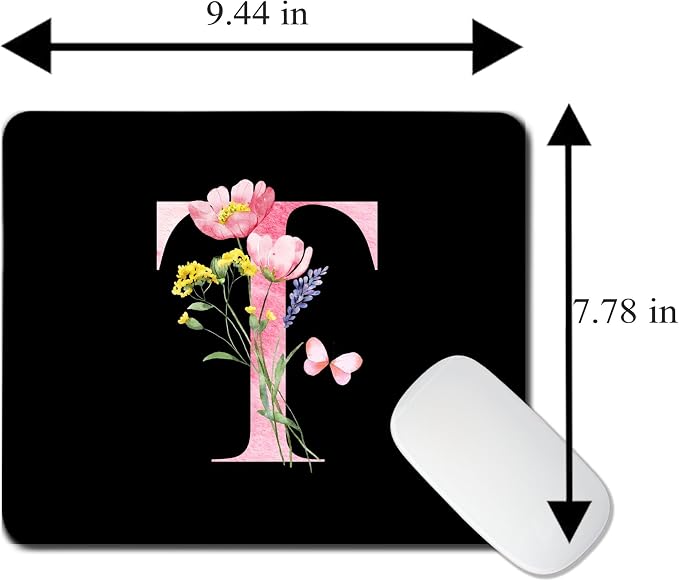 Mouse Pad Pinks Flowers Initial Letters Mousepad Desktop Laptop Computer Accessories Home Office Gaming Work Desk Computer Non-Slip Rubber Monogram Floral Alphabet A-Z mousepad (T)