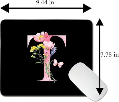 Mouse Pad Pinks Flowers Initial Letters Mousepad Desktop Laptop Computer Accessories Home Office Gaming Work Desk Computer Non-Slip Rubber Monogram Floral Alphabet A-Z mousepad (T)