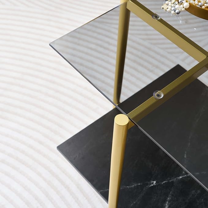 LumFurn Glass End Table, Mid-Century Modern Design Sofa Table, for Living Room, L18 x W18 x H23 in, Grey Glass Top and Black Marble Finish Wood Shelf, Sleek Conical Metal Legs with Gold Finish Frame