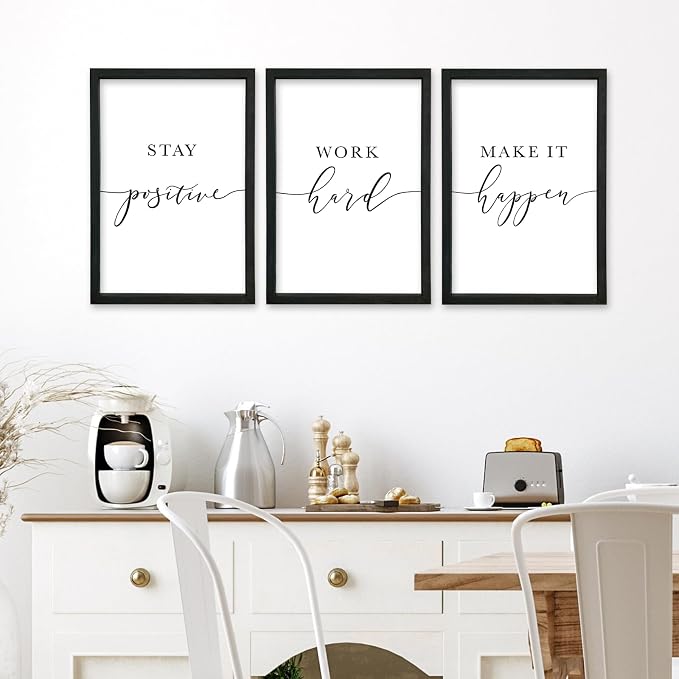 Stay Positive Work Hard Make It Happen Wall Art 16x24–3Pc Wood Frame Office | Motivational Quotes Wall Decor Inspirational Signs Black Frame Home Hanging Art