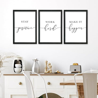 Stay Positive Work Hard Make It Happen Wall Art 16x24–3Pc Wood Frame Office | Motivational Quotes Wall Decor Inspirational Signs Black Frame Home Hanging Art
