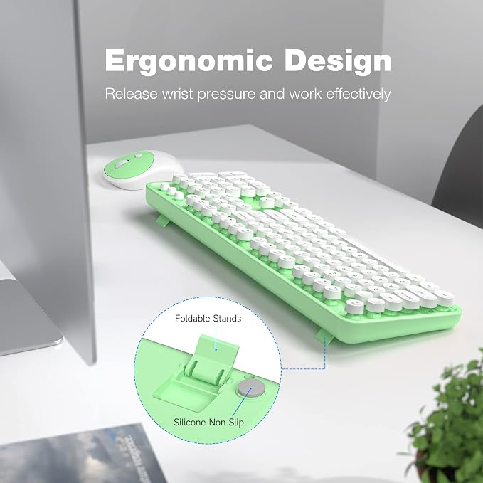 KNOWSQT Wireless Keyboard and Mouse Combo - White-Green Full-Sized 2.4 GHz 104 Keys Typewriter Keyboard, Flexible Round Keycap and Optical Mouse for Windows, Computer, PC, Laptop, Desktop, Mac