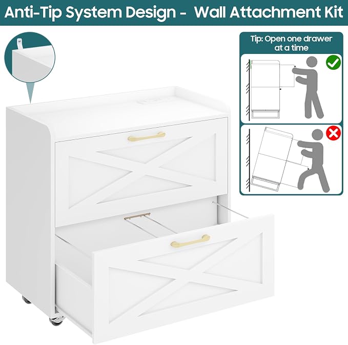 Halitaa Lateral File Cabinet 2 Drawers Mobile File Cabinet with Charging Station for Letter/Legal/A4 Size Hanging Files, Large Wood File Storage Cabinets Printer Stand for Home Office, Simple White