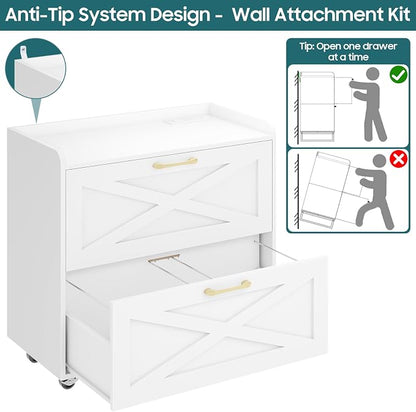 Halitaa Lateral File Cabinet 2 Drawers Mobile File Cabinet with Charging Station for Letter/Legal/A4 Size Hanging Files, Large Wood File Storage Cabinets Printer Stand for Home Office, Simple White