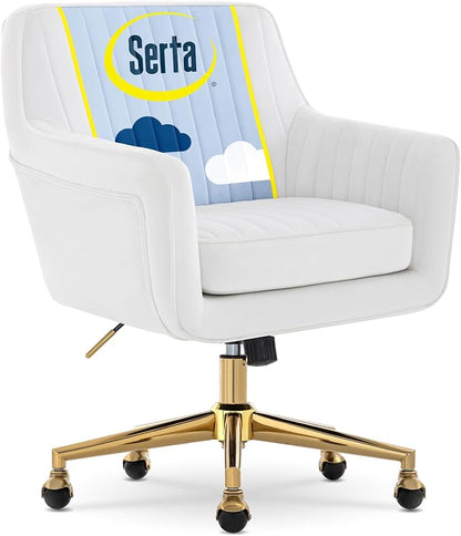 Serta Ashleigh Modern Office Chair, Channel-Tufted Design, Pocket Coil Seat Cushion, Stylish Mid-Century Accent Armchair, Women's Vanity or MakeupChair, Polished Gold Swivel Base, White Velvet Fabric