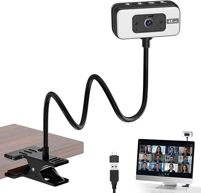 Webcam for PC, 4K Streaming Camera with Light, Web Camera for Desktop/Laptop Computer Webcam with Microphone, Plug and Play USB Web Cam with Bracket, for Video Calls and Meetings (black) (Black)