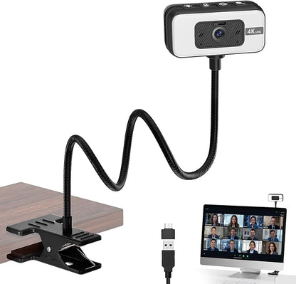Webcam for PC, 4K Streaming Camera with Light, Web Camera for Desktop/Laptop Computer Webcam with Microphone, Plug and Play USB Web Cam with Bracket, for Video Calls and Meetings (black) (Black)