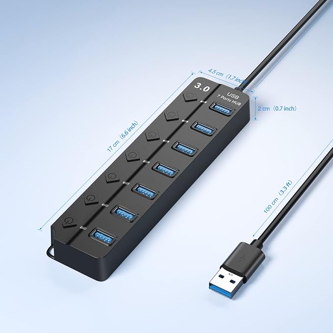 ONFINIO USB Hub 3.0, 7-Port USB A Splitter with Individual On/Off Switches and Lights, 3.2ft/1m Long Cable, Extender for A Port Laptop, PC, Desktop