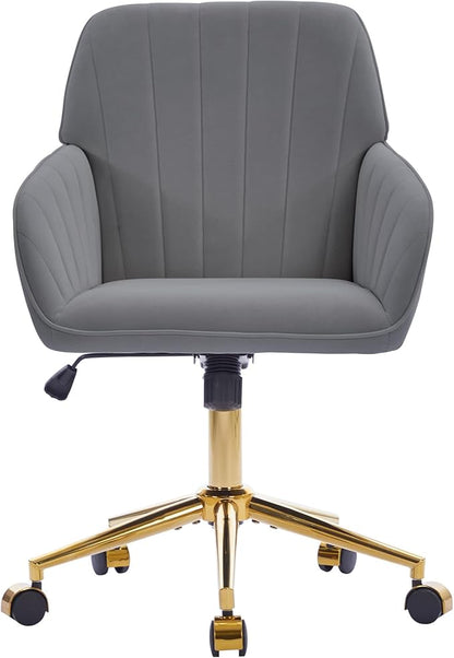 YITAI Velvet Office Desk Chair with Wheels and Gold Base,Modern Height Adjustable 360 Degree Swivel Upholstered Vanity Chairs with Arms for Living Room Bedroom, Study,Gray