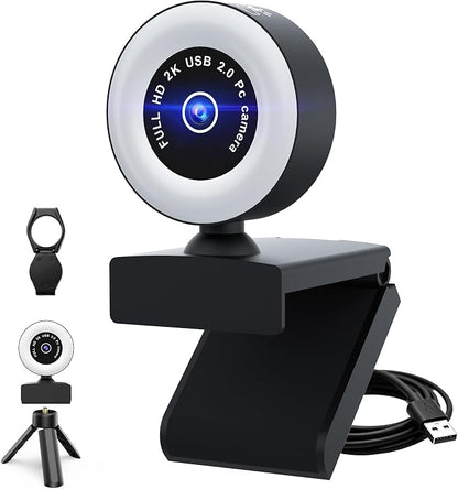 USB HD 2K Video Webcam，with Ring Ligh and Microphoneand Rotatable Tripod& Privacy Cover for PC，, Fast AutoFocus，with Auto White Balance for Video Calls, Live Streaming Gaming & Online Meetings