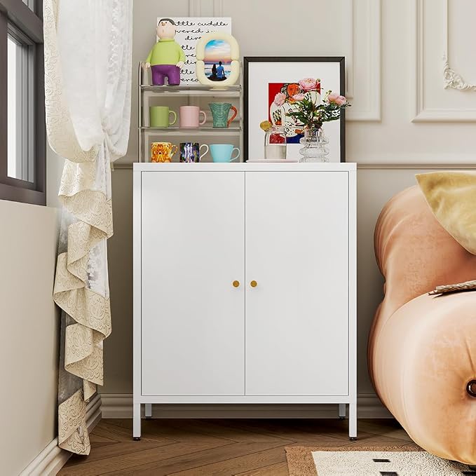 2 Door Metal Accent Storage Cabinet-Locker Cabinet for Office Room,Garage-Metal Storage Cabinet with 1 Adjustable Shelves (White)