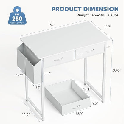 32" Small Gaming Desk with Drawers, Home Office Computer Writing Study Table with Storage Side Bag, Headphone Hook, and Adjustable Feet for Bedroom, White