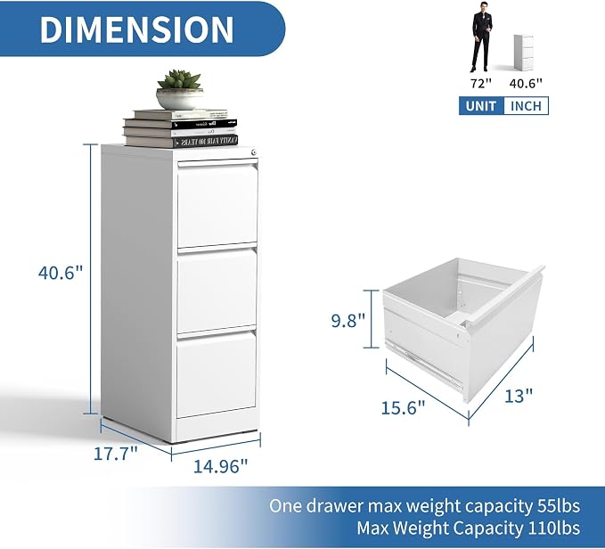3 Drawer File Cabinet with Lock,Metal Vertical Filing Cabinets for Home Office,Heavy Duty File Storage Cabinet for Letter/Legal/A4/F4 Size File,Assembly Require (White, Vertical 3 Drawer)