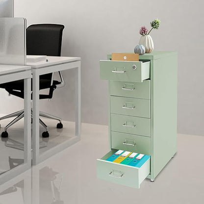 Vertical File Cabinet, 6 Drawers Rolling File Organizer Cabinets with Lock, Heavy Duty Metal Storage Cabinet, Movable Under Desk Filing Cabinet for Office, Study, Dresser (Green)