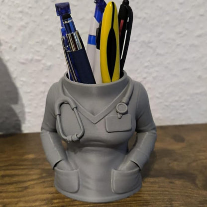 3D Printed Doctor Coat Pen Holder - Realistic Medical Desk Organizer with Stethoscope, White Doctor Sculpture Pen Cup for Office, Nurse, Medical Student Gift 4.1" x 2.5" x 3.9" (Female Doctor Style)