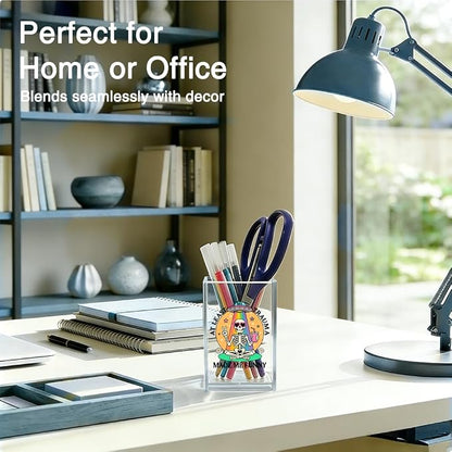 Mhfpl At Least Trauma Made Me Funny Acrylic Pen Holder, Funny Skeleton Alien Pencil Cup Desk Organizer, Dark Humor Gifts for Women Men Friend Coworker Therapist Counselor, Office Desk Decor