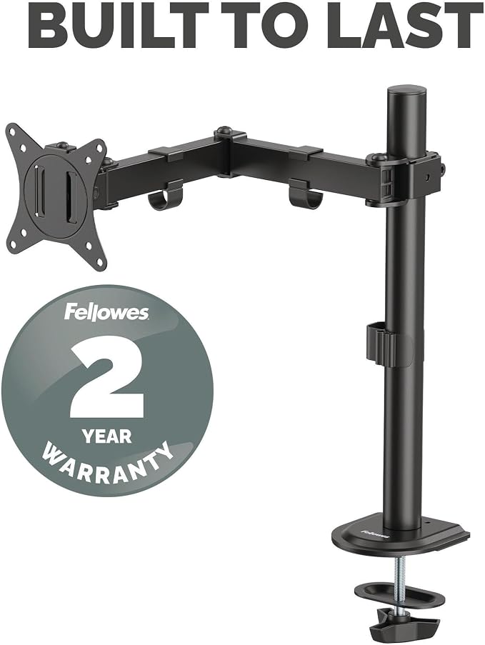 Fellowes Everyday Adjustable Single Monitor Arm – Supports Screens up to 32" Weighing 19.84 lbs, Tilt, Swivel, Rotate, VESA 75/100, Clamp or Grommet Mount, Cable Management