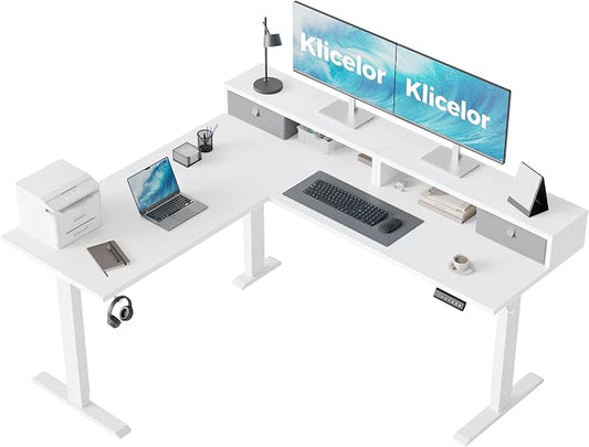 Klicelor L Shaped Electric Standing Desk 63 x 55.1 inch with Shelf, Height Adjustable Corner Desk, Sit Stand Desk with Storage Shelf, Home Office Computer Table, White