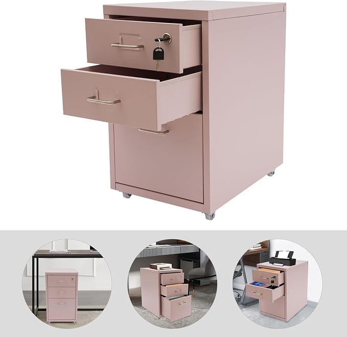 3 Drawers File Cabinet Locking Vertical File Cabinet Under Desk Small File Cabinet with Wheels for Home Office (Pink)
