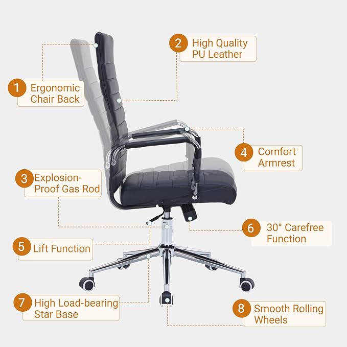 Sidanli Ergonomic Office Chair, Executive PU Leather Desk Chair with Adjustable Lumbar Support and Smooth-Rolling Wheels for Home Office Conference Room, High Back, Black