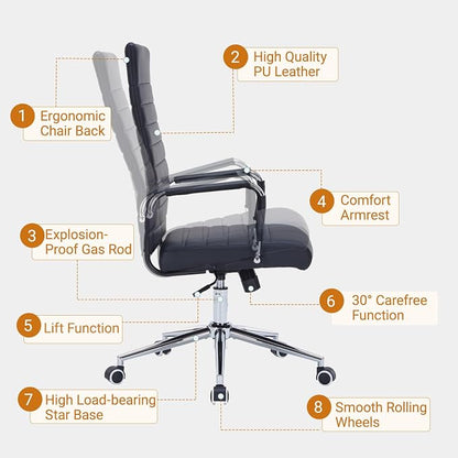 Sidanli Ergonomic Office Chair, Executive PU Leather Desk Chair with Adjustable Lumbar Support and Smooth-Rolling Wheels for Home Office Conference Room, High Back, Black