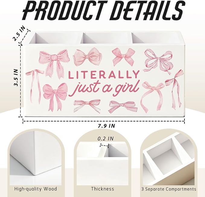 Pink Coquette Bow Pen Pencil Holder for Desk, Preppy Desk Decor, Preppy Aesthetic Literally Just a Girl Wooden Box Sign Decorations for Girls Bedroom Room Dorm Tabletop