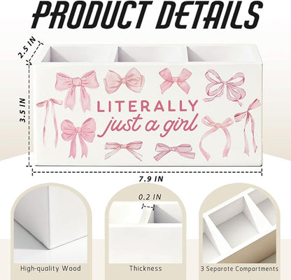 Pink Coquette Bow Pen Pencil Holder for Desk, Preppy Desk Decor, Preppy Aesthetic Literally Just a Girl Wooden Box Sign Decorations for Girls Bedroom Room Dorm Tabletop