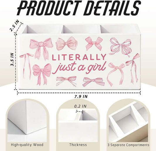 Pink Coquette Bow Pen Pencil Holder for Desk, Preppy Desk Decor, Preppy Aesthetic Literally Just a Girl Wooden Box Sign Decorations for Girls Bedroom Room Dorm Tabletop