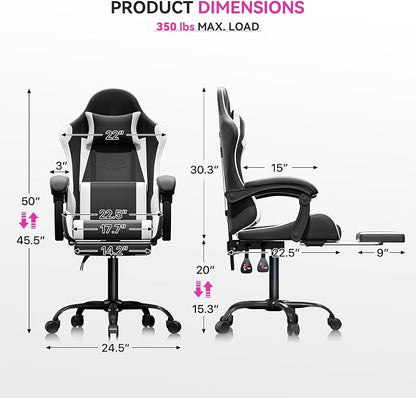 Gaming Chair with Footrest, Ergonomic Computer Gaming Desk Chair with Lumbar Support & Headrest, Adjustable High Back PU Leather Office Chair, Swivel Racing Style Gamer Chair, Black/White