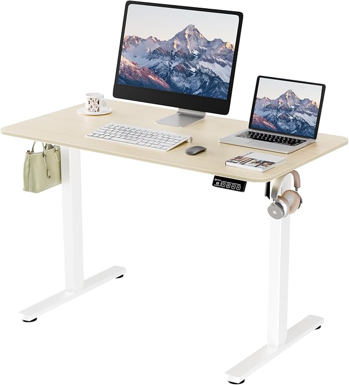 ERGOMAKER Electric Standing Desk, 43.3" x 23.6" Height Adjustable Sit Stand Desk with Splice Board for Home Office, Computer Desk Memory Preset (White Frame, Gold Oak Desktop)