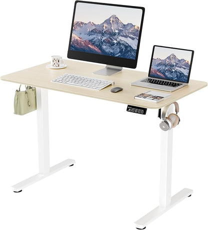 ERGOMAKER Electric Standing Desk, 43.3" x 23.6" Height Adjustable Sit Stand Desk with Splice Board for Home Office, Computer Desk Memory Preset (White Frame, Gold Oak Desktop)