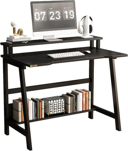 31.5 Inch Small Desk, Small Computer Desk for Small Spaces, Modern Writing Table with Monitor Storage Shelf, Compact Laptop Desk for Home Office and Study, Black