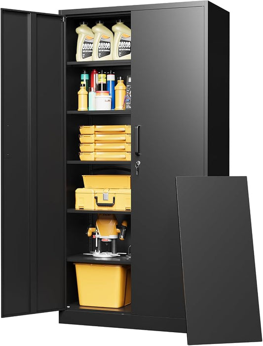72" Tall Metal Storage Cabinet with Lock, Garage Cabinet with 2 Locking Doors and 5 Adjustable Shelves,Steel Locking Cabinets for Garage,Home Office,Kitchen,School,Warehouse(Black)