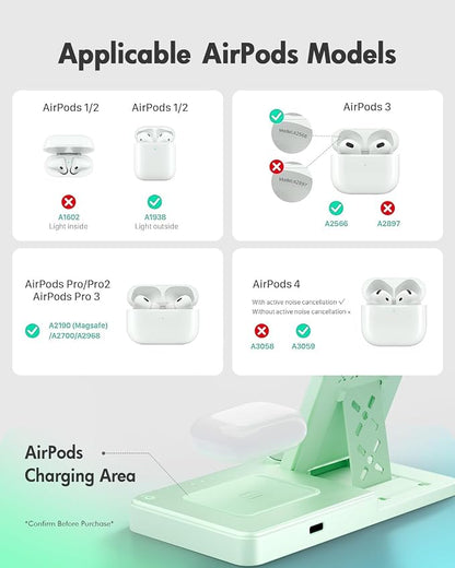 Wireless Charger Stand Charging Station: 3 in 1 Charger Multiple Devices for Apple iPhone 17 16e 16 15 14 Pro Max 13 12 11 for Watch 11 10 9 8 7 6 5 4 3 2 SE and Ultra & Airpods Series, Light Green
