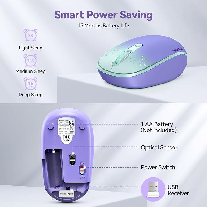 TECKNET Wireless Mouse, 2.4G Quiet Computer Mouse with USB Receiver, 4 Buttons Portable Cordless Mice for Chromebook, Laptop, PC, Mac, 800/1200/1600 DPI