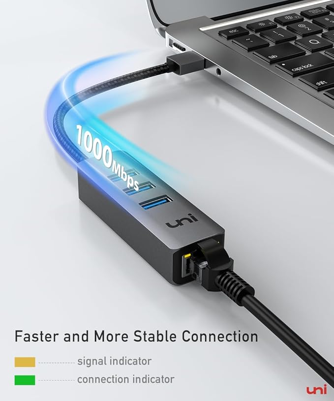 uni USB to Ethernet Adapter, USB 3.0 Hub with 100/1000 Mbps RJ45 Ethernet Driver Free, Sturdy Aluminum 4-in-1 USB-A to LAN Network Adapter Compatible with iMac, PC, Chromebook Laptops, and More