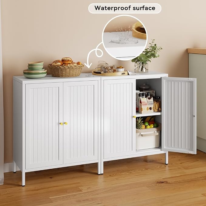 2 Door Metal Storage Cabinet-Small Bathroom Storage Cabinet with 1 Adjustable Shelf,Freestanding Sideboard for Home Office, Living Room, Hallway, Entryway(Striped Door, White)