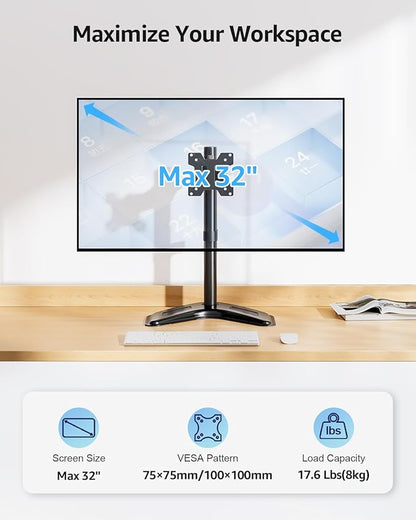 MOUNTUP Single Monitor Stands, Freestanding VESA Monitor Desk Mount fits 13'' to 32'' Computer Screen with Height Adjustable, Swivel, Tilt, Rotation, 17.6 lbs Load, For Home Office, VESA 75x75/100x100
